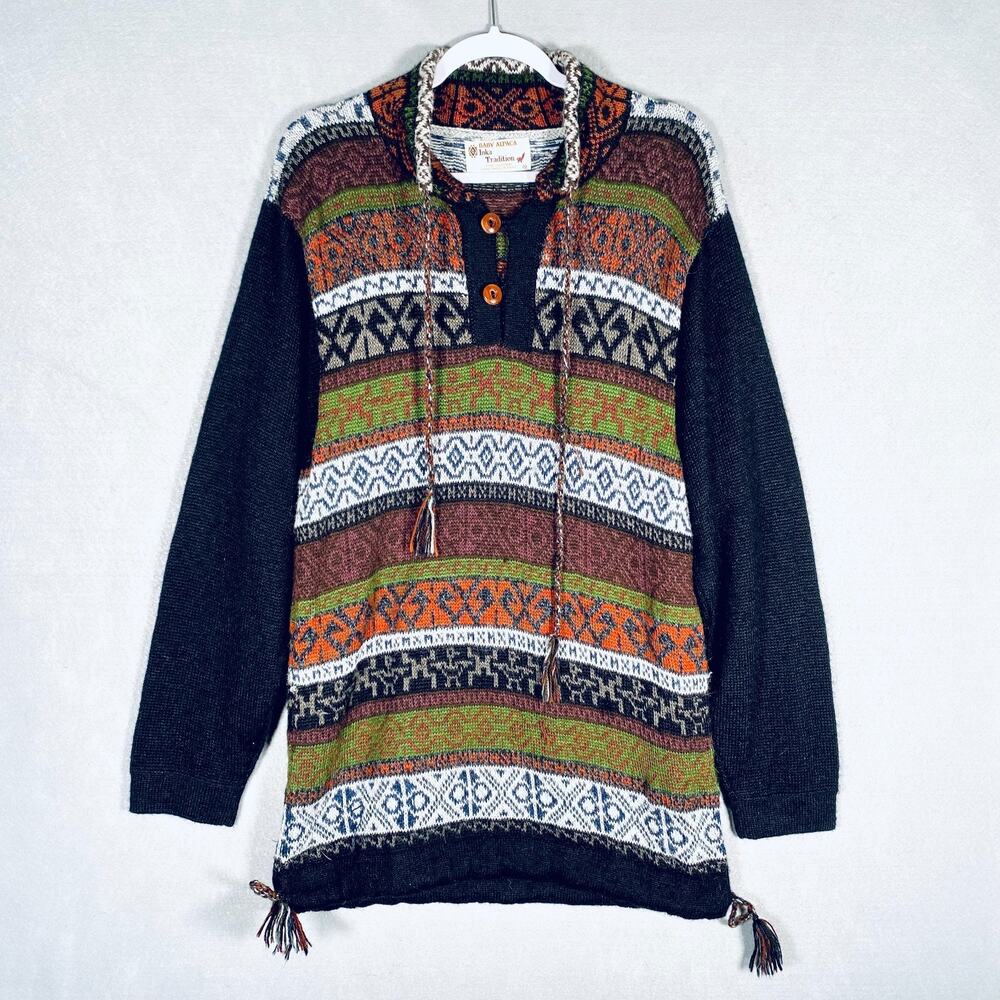Alpaca Peruvian Sweater Womens S Black Knit Pullover Pancho Boho Western Artisan